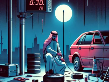 Illustration of a man, kneeling beside a car, tools scattered around, diligently replacing a flat tire with a new one under a time tracking clock.