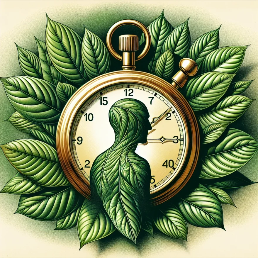 Illustration of a stopwatch surrounded by various Kratom leaves, with a human silhouette in the background, hinting at the passage of time and the substance's effect on the human body.