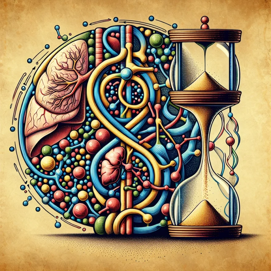 Illustration of a biological clock with various human organs, a methadone molecule structure, and a fading hourglass, signifying the passage of time and drug metabolism process.
