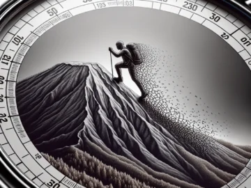 Illustration of a stopwatch superimposed over an outline of Mount Kilimanjaro, with a fading silhouette of a hiker ascending the mountain, symbolizing the lingering effects of the journey.