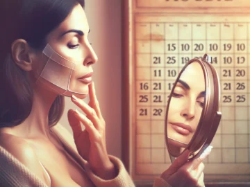 Illustration of a woman observing her face in a mirror, with a calendar showing passing days in the background, symbolizing the time taken for Dysport to show results.