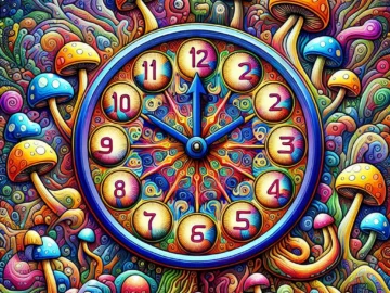 How Long for Shrooms to Kick In Illustration of a vibrant psychedelic clock, intertwined with mushroom designs, indicating varying stages of a trip, surrounded by vivid colors and abstract patterns.