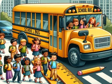 Illustration of a bright yellow school bus parked on a street, with children boarding, and a ruler next to it indicating its length in feet.
