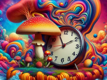 How Long Is a Shroom Trip? Illustration of a vibrant psychedelic landscape, with a clock melting over a mushroom, indicating the passing of time during a shroom trip.