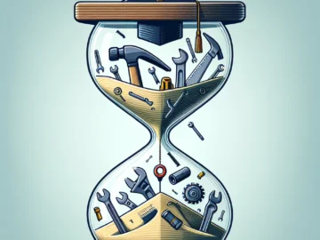 Illustration of a large hourglass with various trade tools inside, symbolizing the passage of time in trade school. A graduation cap is floating at the top, indicating completion.