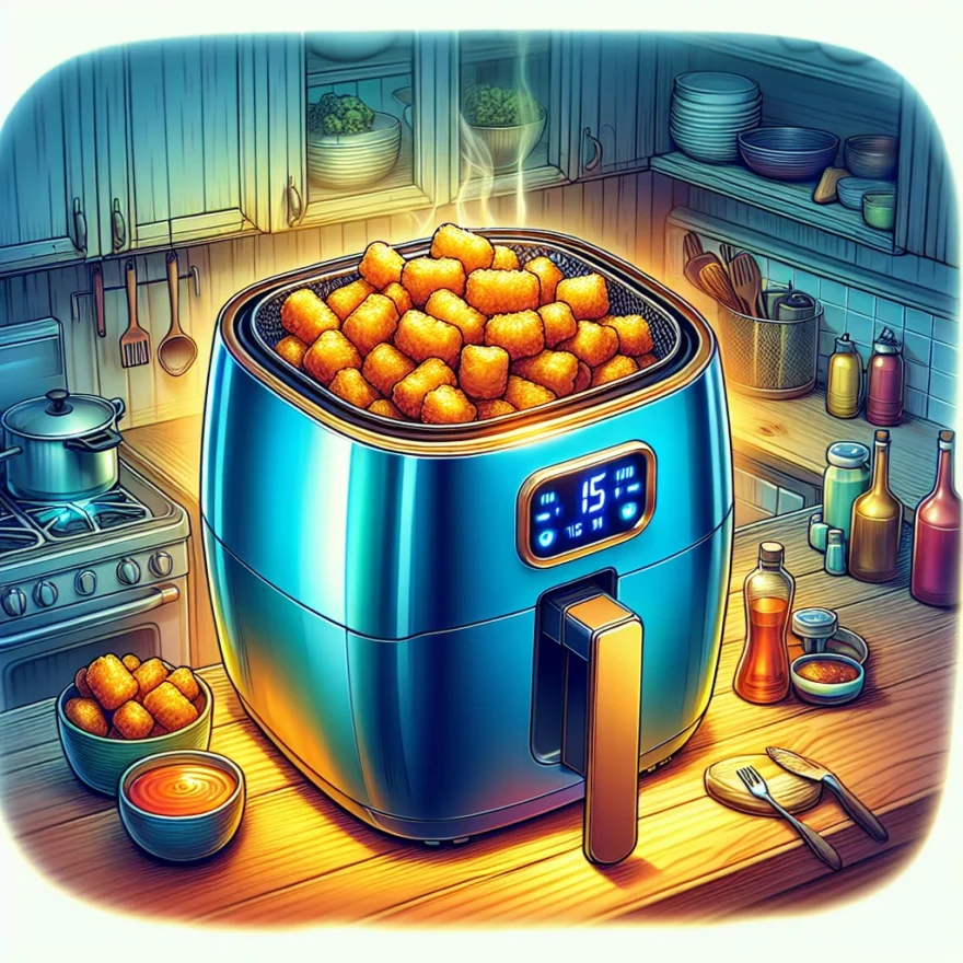 Illustration of a vibrant air fryer with a transparent lid revealing golden tater tots inside, a digital timer displaying 15 minutes, set against a kitchen backdrop.