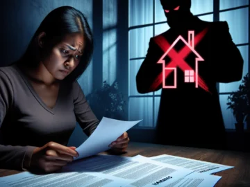 How Many Noise Complaints Until Eviction? Illustration of a distressed tenant receiving multiple warning letters, with a looming shadow of a landlord and a house symbol crossed out, indicating potential eviction.