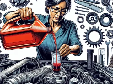 Illustration of a mechanic pouring bright red transmission fluid into a car's engine, with a quart measurement bottle and various car parts scattered around.