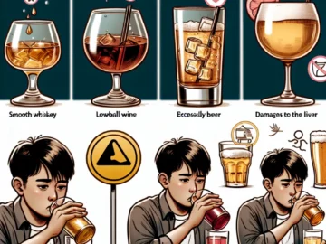 Illustration of various types of alcoholic beverages in different glassware, a young man progressively getting tipsy, and a warning sign showing potential harmful effects of excessive drinking.
