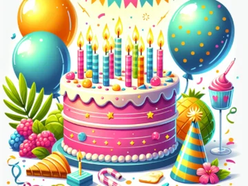 Illustration of a vibrant birthday cake with lit candles, surrounded by colorful balloons, confetti, and a party hat, subtly indicating Summer Kosel's age.