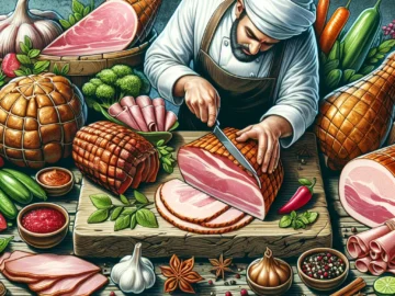 Illustration of a variety of deli meats artistically arranged on a wooden board, with a chef slicing a piece of ham, surrounded by garnishes and condiments.