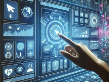 Illustration of a user interface with multiple dashboards, a hand cursor selecting one, and a sidebar with various application icons. The background features a digital data pattern.