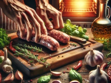 How to Bake Italian Sausage? A Comprehensive Guide Illustration of a pair of hands preparing Italian sausage on a cutting board, surrounded by various ingredients like herbs, garlic, and a bottle of olive oil. A preheated oven is visible in the background.