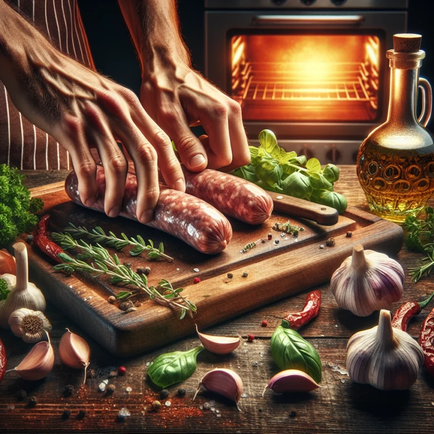 Illustration of a pair of hands preparing Italian sausage on a cutting board, surrounded by various ingredients like herbs, garlic, and a bottle of olive oil. A preheated oven is visible in the background.