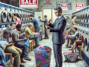Illustration of a prospective buyer examining a bustling laundromat, with various machines operating, customers interacting, and a "For Sale" sign on the front window.
