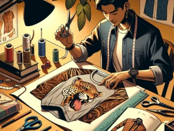 Illustration of a person skillfully designing a shirt with a unique predator print, surrounded by a variety of crafting tools and a step-by-step guidebook.
