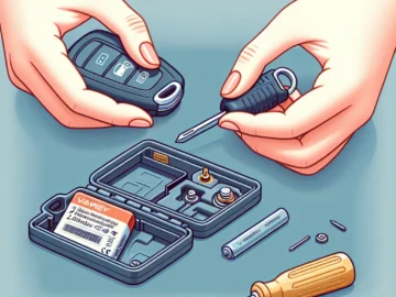 Illustration of a pair of hands delicately opening a Subaru key fob, revealing the battery inside, with a new battery and a small screwdriver placed nearby on a table.