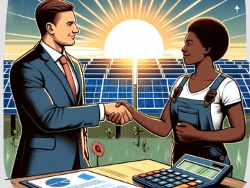Illustration of a businessman shaking hands with a solar installer, with solar panels and a calculator in the background, symbolizing a financial deal.
