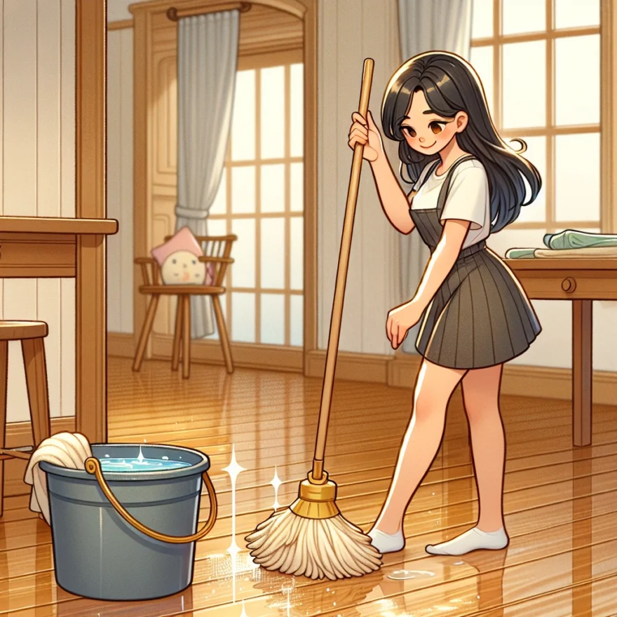 How to Clean Prefinished Hardwood Floors Illustration of a person gently sweeping a shiny prefinished hardwood floor, a bucket with a mild cleaning solution nearby, and a soft, damp mop standing by for use.