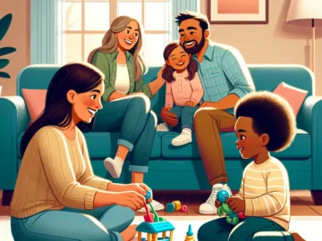 Illustration of a cozy living room where two children play together, sharing toys and laughing. Parents watch from the background, smiling and engaging in light conversation, creating a warm atmosphere.