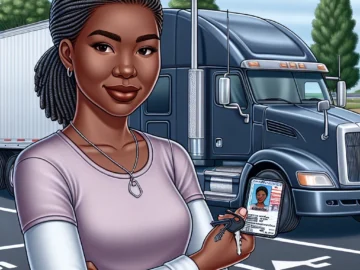 Illustration of a confident individual holding a Commercial Driver's License (CDL), with a semi-truck in the background, symbolizing self-guided learning and achievement.