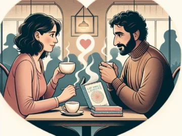 How to Get My Husband on My Side? A Comprehensive Guide Illustration of a woman and man sitting together, engaged in a deep conversation over a cup of coffee, with a self-help book and a heart symbol in the background.