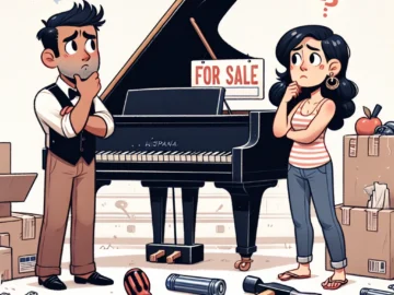 Illustration of a man and woman, seemingly puzzled, standing next to a grand piano. Various tools, a moving truck, and a 'for sale' sign are scattered around.