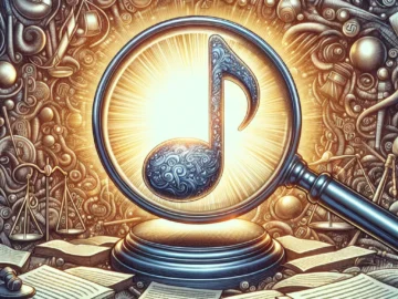 Illustration of a magnifying glass scrutinizing a musical note, surrounded by legal symbols and documents, suggesting the exploration of music copyright laws.
