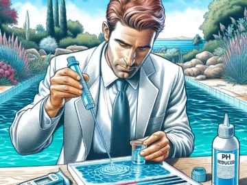 Illustration of a person testing pool water using a kit, a bottle of pH reducer, and a pool with decreasing alkalinity levels represented by color change.