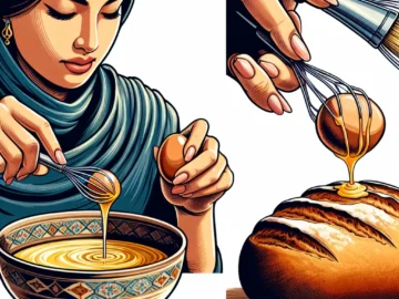 How to Make an Egg Wash Illustration of a pair of hands cracking an egg into a bowl, whisking it together with a fork, and brushing the mixture onto a golden loaf of bread.