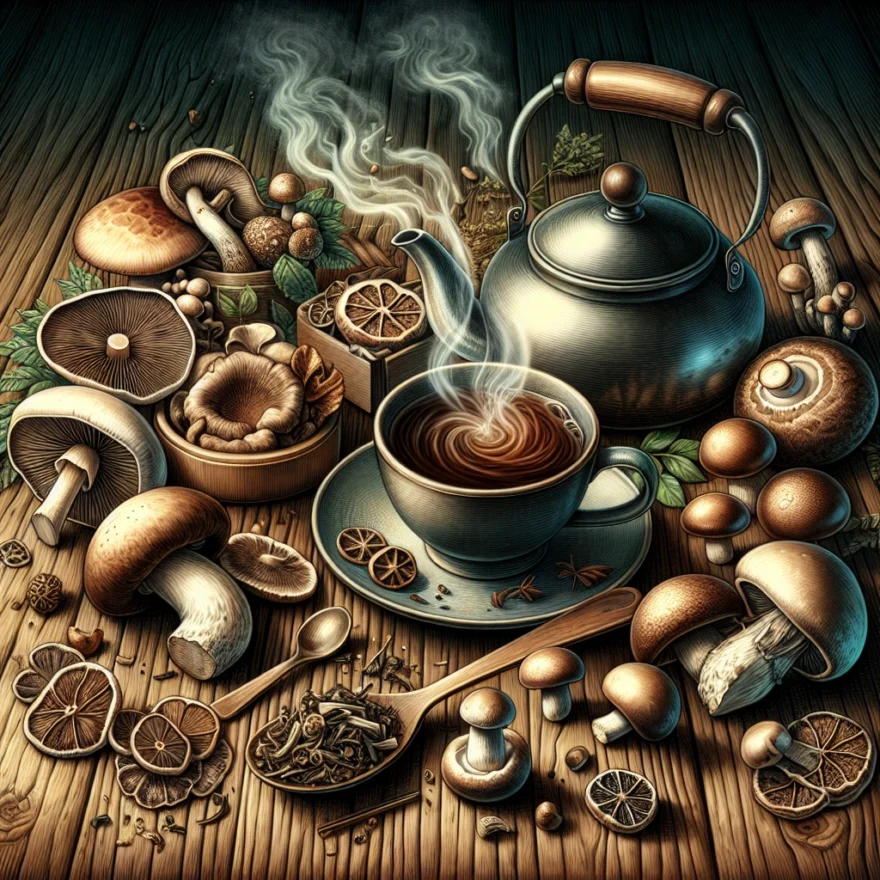 Illustration of a steaming cup of mushroom tea, surrounded by various types of fresh mushrooms, a kettle, and a spoon with dried mushroom slices, set on a rustic wooden table.