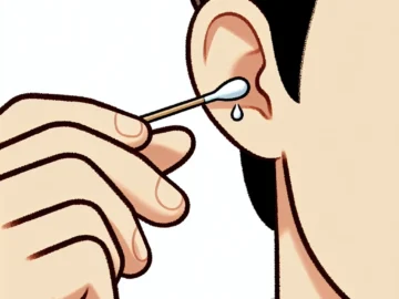 How to Massage Ear Wax Out Illustration of a person gently applying pressure to their ear with a cotton swab, a small droplet of wax at the tip, signifying successful removal of ear wax.