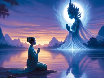 Illustration of a serene river scene at dusk, with an individual in traditional attire kneeling on the riverbank, hands clasped in prayer towards a mystical Mandau spirit emerging from the water.
