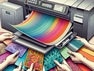 How to Print on Cardstock? A Comprehensive Guide Illustration of a printer ejecting a vibrant cardstock, a hand placing the cardstock in the tray, and various types of cardstock with unique designs and textures.