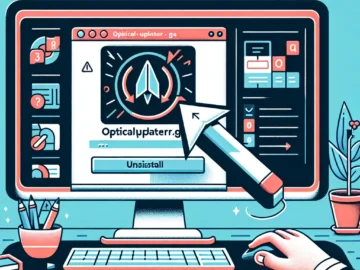 Illustration of a computer screen displaying an error message related to Opticalupdater.gqa, with a mouse cursor hovering over an uninstall button. A series of step-by-step icons are lined up below.