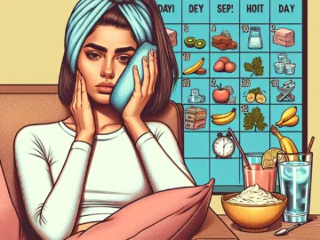 Illustration of a young woman resting on a couch with a cold pack on her cheek, a glass of water and soft foods on a table nearby, and a calendar showing recovery progress.