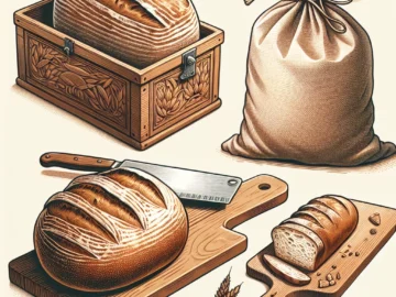 Illustration of a freshly baked sourdough loaf, a bread box, a cotton bread bag, and a cutting board with a bread knife, symbolizing different storage methods.