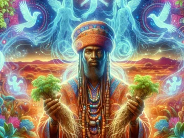 Iboga: Journey into the Heart of African Shamanic Healing and Intense Visions Illustration of a vibrant African landscape with a shaman in traditional attire holding iboga roots, surrounded by mystical patterns and glowing visions, capturing the essence of spiritual healing.