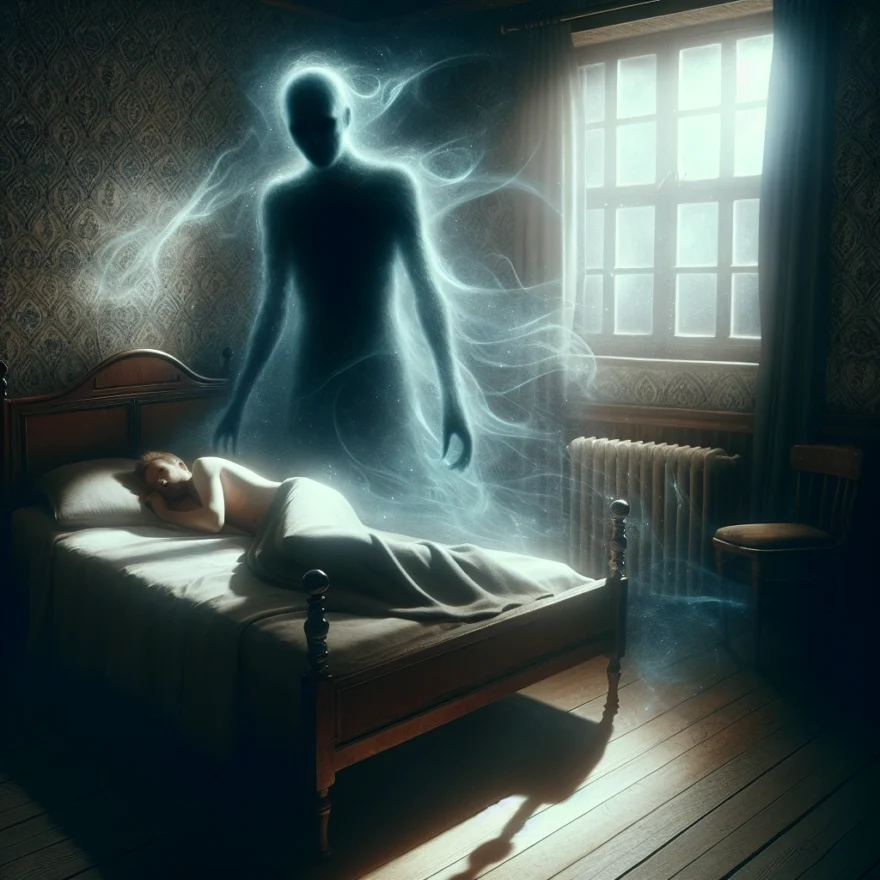 Illustration of a shadowy figure looming over a sleeping individual, with ethereal wisps surrounding them, against a backdrop of a dark, mysterious bedroom, evoking a sense of eerie supernatural presence.