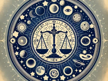 Illustration of a traditional Javanese calendar, surrounded by cosmic symbols and celestial bodies, with a balance scale in the center signifying the equilibrium of cosmic forces.