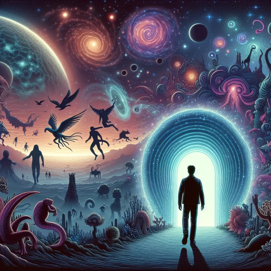 Illustration of a human silhouette stepping through a luminous, swirling portal, with a contrasting, fantastical landscape filled with strange creatures and cosmic phenomena on the other side.