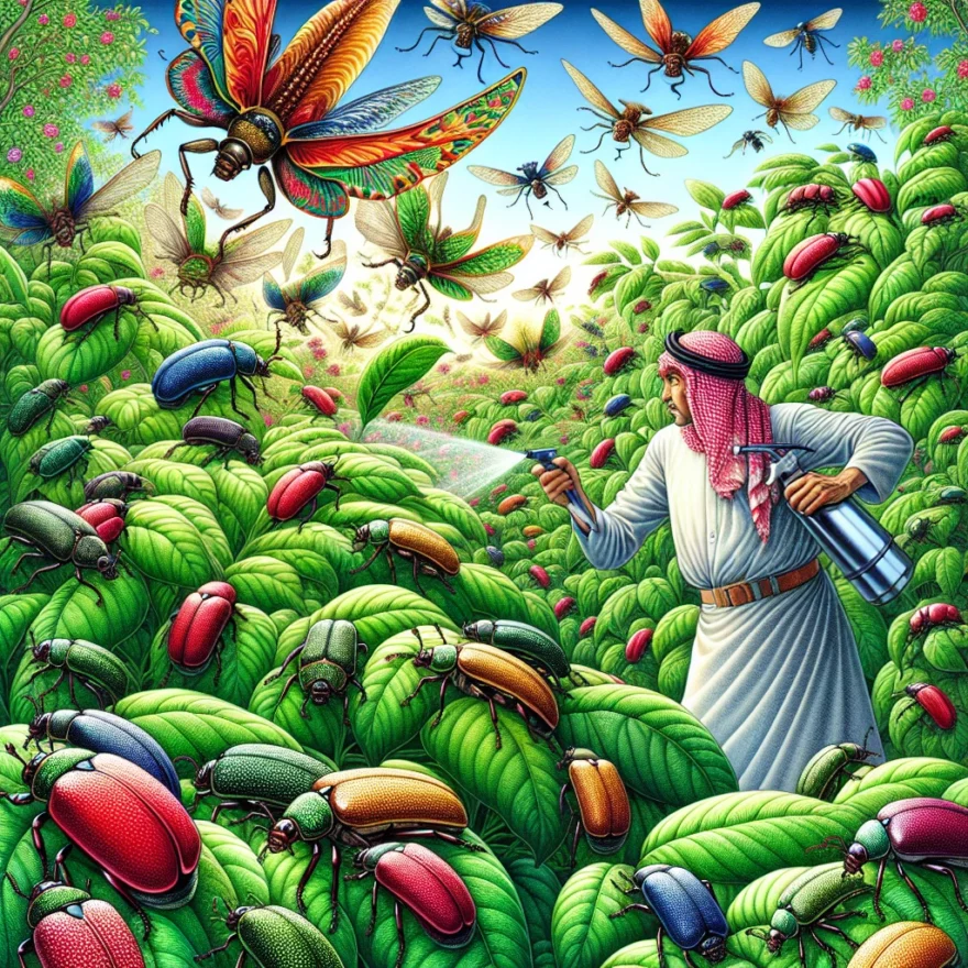 Japanese Beetle Invasion: Protecting Your Garden from these Voracious Eaters Illustration of vibrant Japanese beetles swarming over a lush garden, with a vigilant gardener holding a spray bottle, symbolizing protection against these voracious eaters.