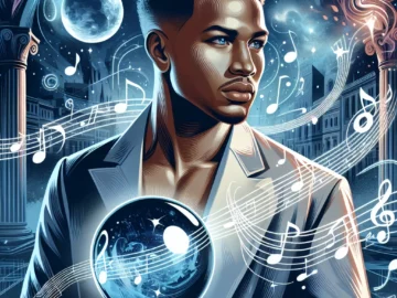 Illustration of John Legend gazing into a crystal ball, surrounded by swirling musical notes and a glowing aura, with a backdrop of a starry night sky and futuristic cityscape.