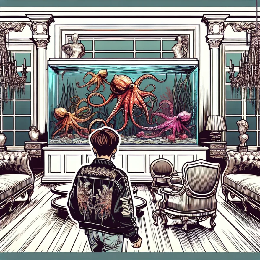 Illustration of a luxurious room with a large, ornate aquarium filled with vibrant octopuses, surrounded by elegant furniture and decorative elements. Katy Perry is seen admiring the tank.