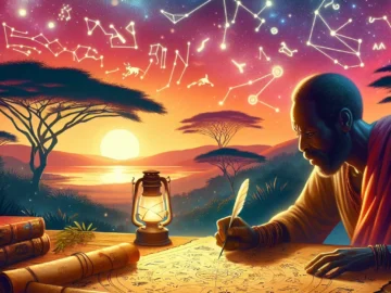 Kenyan Astrology: Mapping the Cosmic Blueprint Illustration of a vivid Kenyan landscape under a starlit sky, dotted with symbolic astrological signs and a local astrologer mapping the celestial patterns on an ancient parchment.