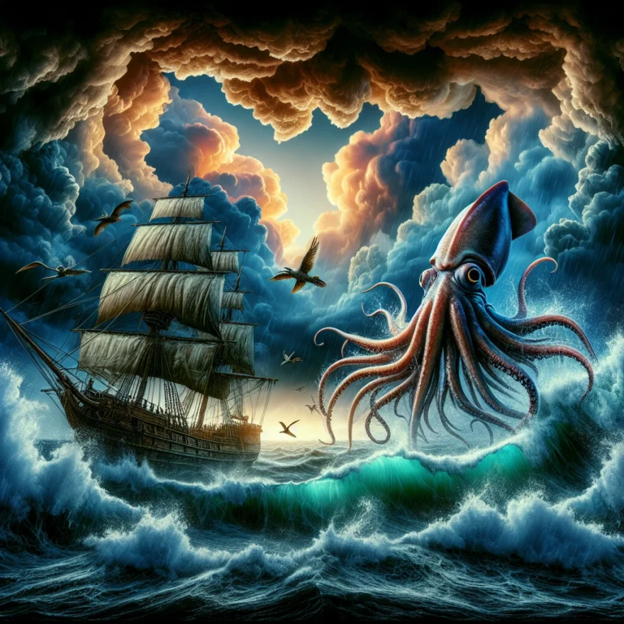 Illustration of a colossal squid entangled in a fierce battle with an old sailing ship, amidst stormy seas under a moody, cloud-filled sky, creating a sense of deep-sea mystery and adventure.