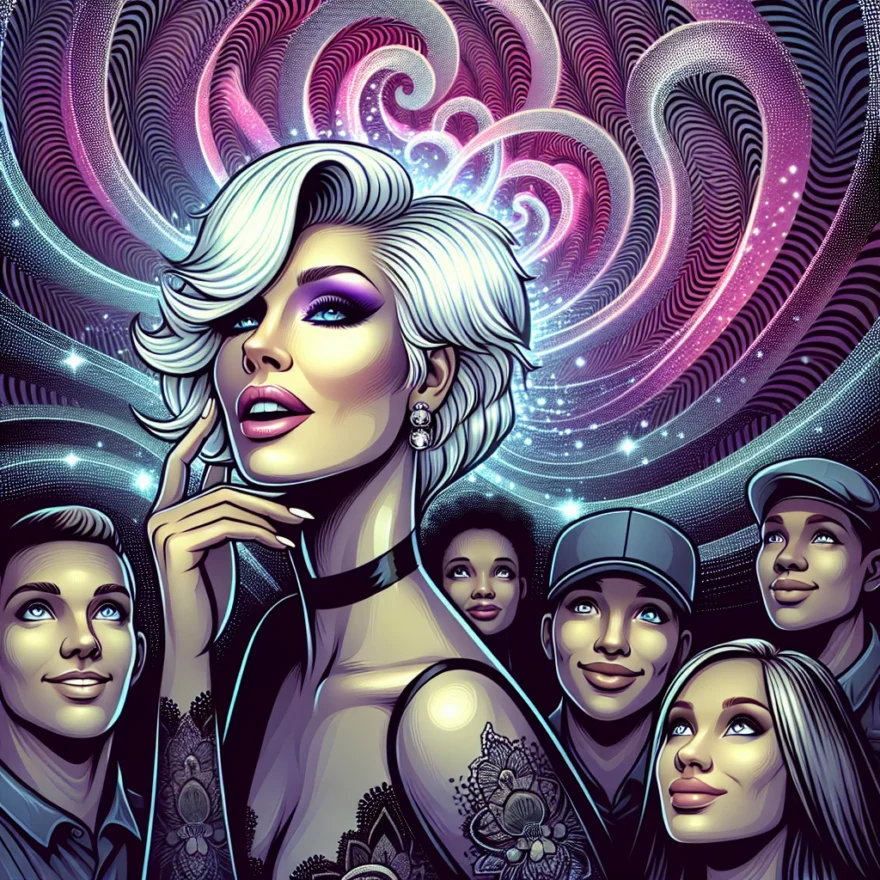 Lady Gaga’s Alleged Ability to Control Minds Illustration of Lady Gaga with a mystical aura, surrounded by swirling, hypnotic patterns. Fans with mesmerized expressions gaze at her, suggesting an enchanting, otherworldly influence emanating from her presence.
