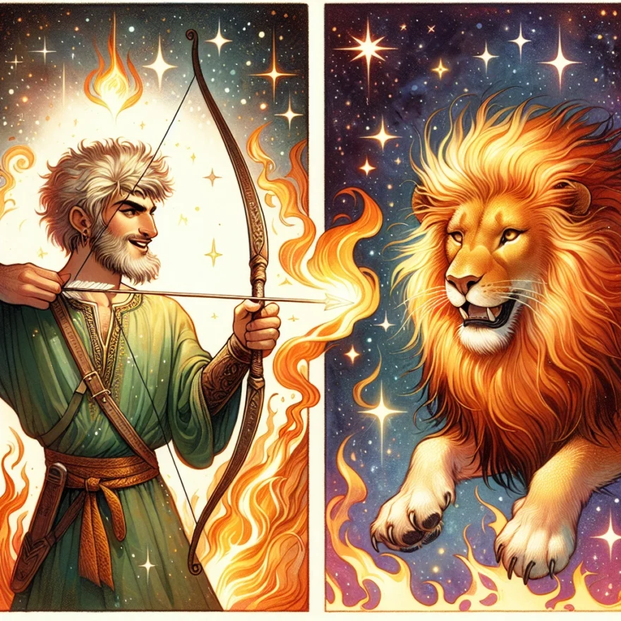 Leo and Sagittarius Compatibility: The Adventurous and Playful Couple Illustration of a fiery Leo lion and a vibrant Sagittarius archer, playfully interacting under a cosmic sky, symbolizing their adventurous and playful relationship compatibility.