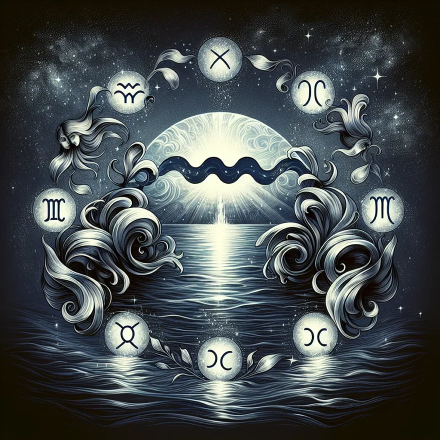 Illustration of an Aquarius symbol floating above a serene sea, with various zodiac signs circling around it, highlighting potential matches. A starry sky completes the ethereal setting.