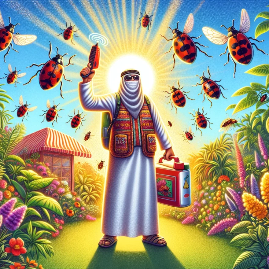 Illustration of a swarm of lovebugs surrounding a person, equipped with homemade repellents, standing defiantly. The background showcases a sunny, lush garden setting.